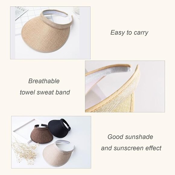 Beige Solid Straw Visor Hat OS New - Picture 5 of 5